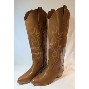 Ouepiano Womens Brown Faux Leather Knee High Western Cowboy Boots Size 8